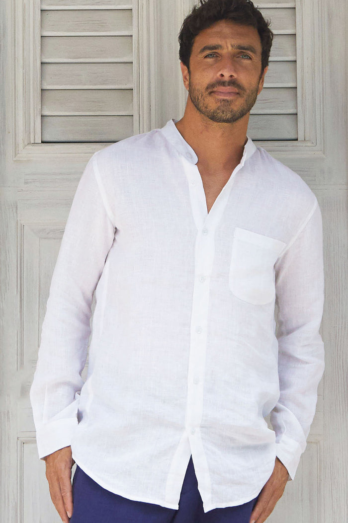 Men's Nehru Collar Linen Shirt | White - Aspiga