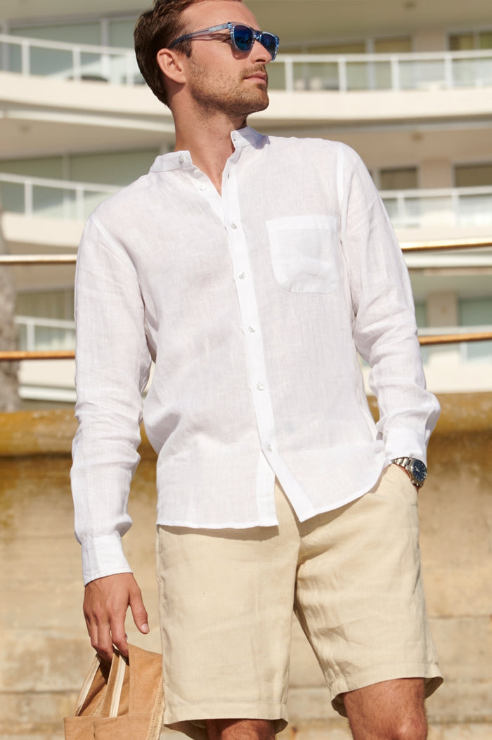 Men's Nehru Collar Linen Shirt | White - Aspiga