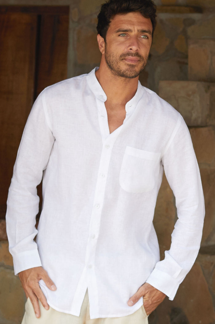 Men's Nehru Collar Linen Shirt | White - Aspiga