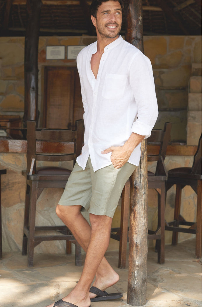 Men's Nehru Collar Linen Shirt | White - Aspiga