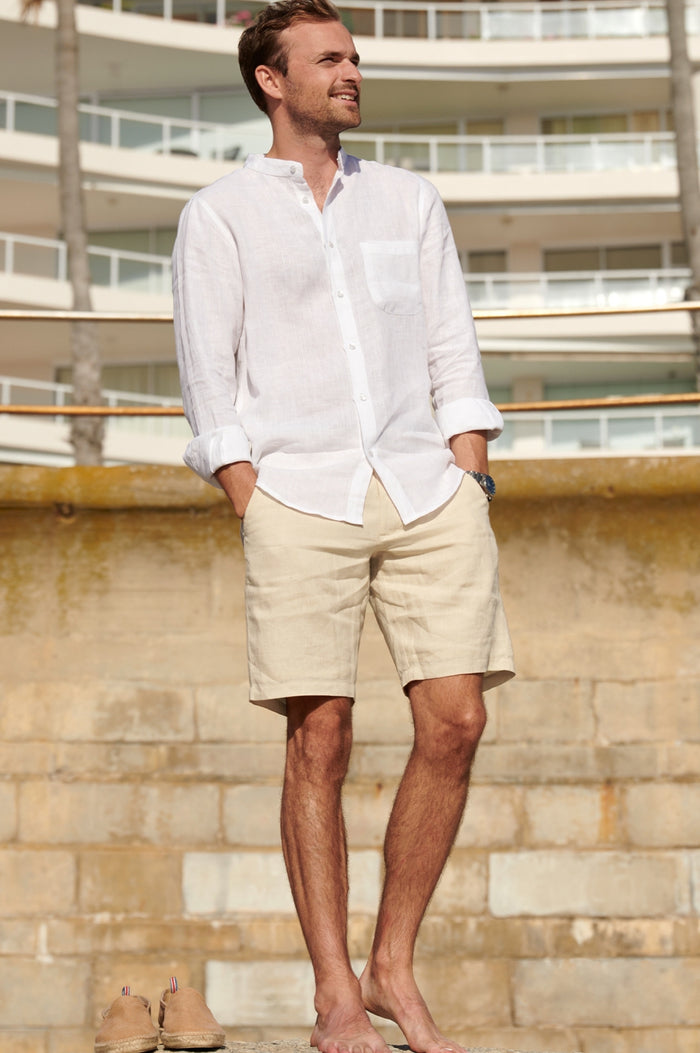 Men's Nehru Collar Linen Shirt | White - Aspiga