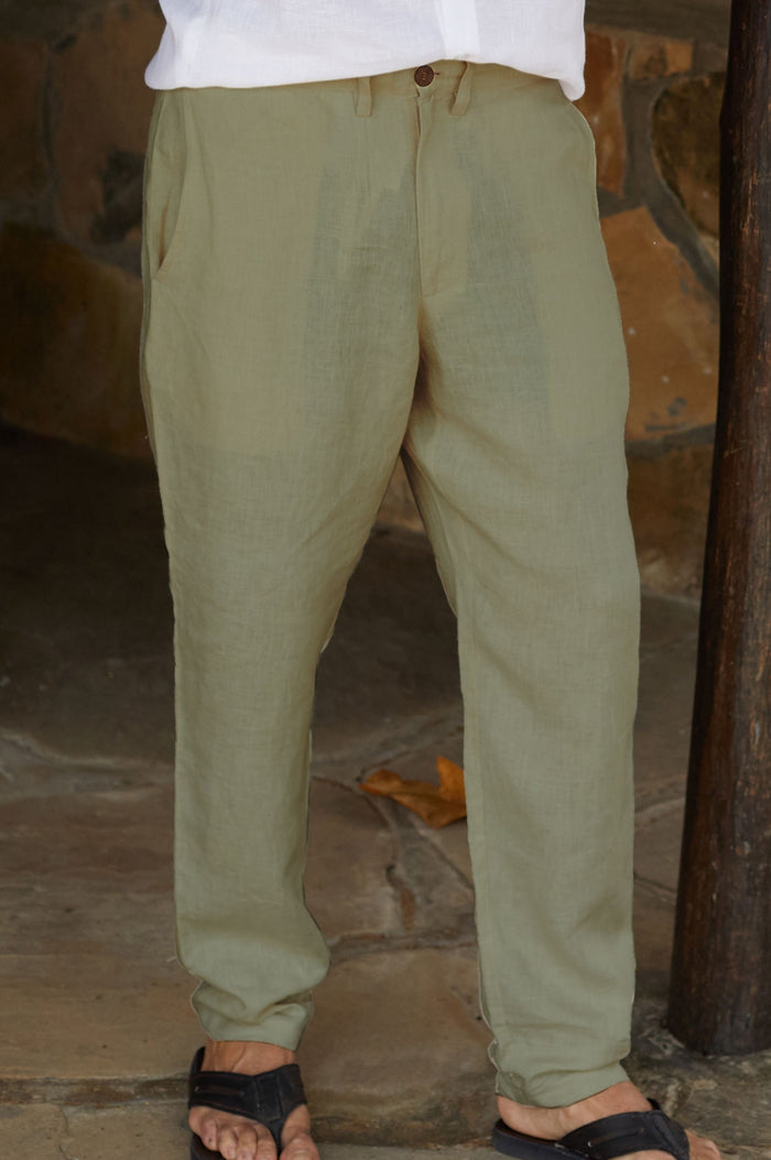 Men's Premium Linen Trousers | Khaki - Aspiga
