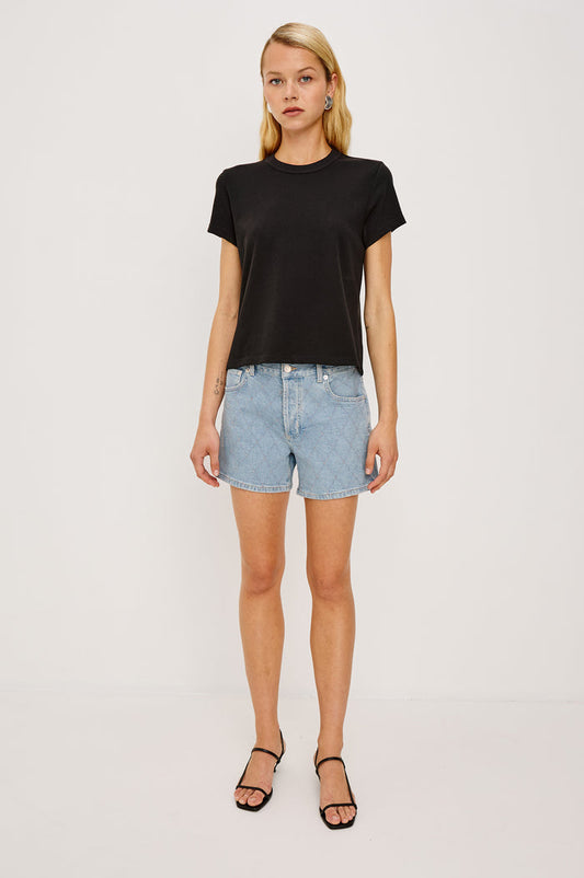 Mesa High-Waisted Short in Denim With Classic Five Pockets and Front Zip Fly in Quilted Stud Colorway - Full Body Front View Featured on Model