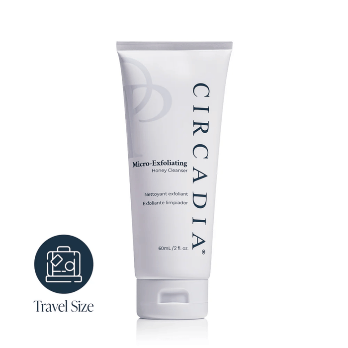 Tube of Micro-Exfoliating Honey Cleanser - 2 oz | Circadia in white packaging with dark blue text, shown as a travel size skincare product.