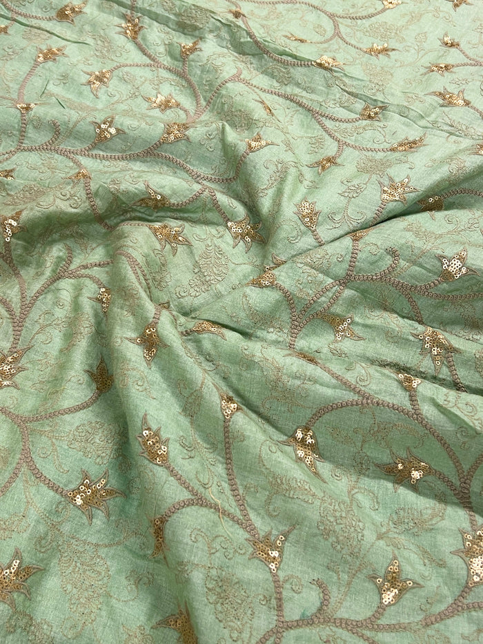 Mint green embroidered munga tussar fabric