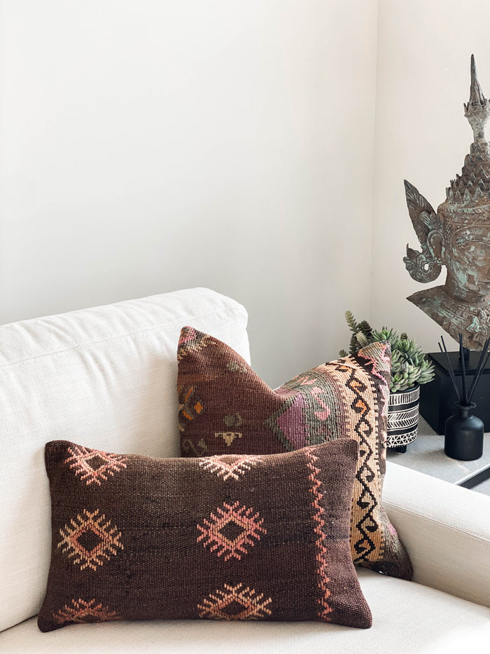 Handmade traditional Turkish kilim pillow cover made with vintage rugs 18x18 green brown purple