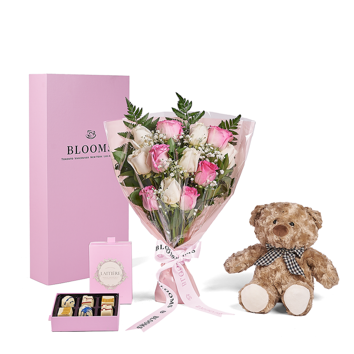 Mother's Day Pink & White Rose Bouquet in Pink Flower Box with Bear & Chocolates – gift basket with featuring a gorgeous pink and white bouquet along
