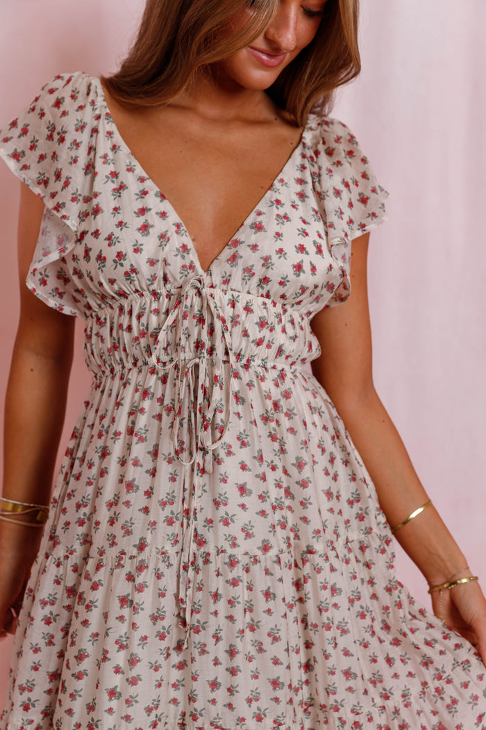 Red Floral Flutter Sleeve Midi Dress- Women's Empire Waist Dress- Mable Dresses