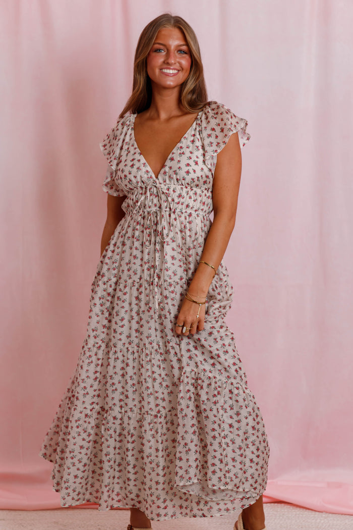 Red Floral Flutter Sleeve Midi Dress- Women's Empire Waist Dress- Mable Dresses