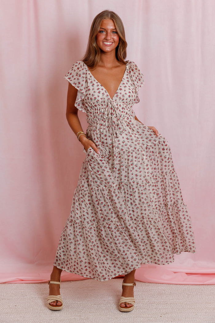 Red Floral Flutter Sleeve Midi Dress- Women's Empire Waist Dress- Mable Dresses