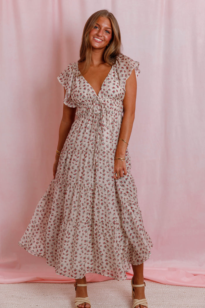 Red Floral Flutter Sleeve Midi Dress- Women's Empire Waist Dress- Mable Dresses