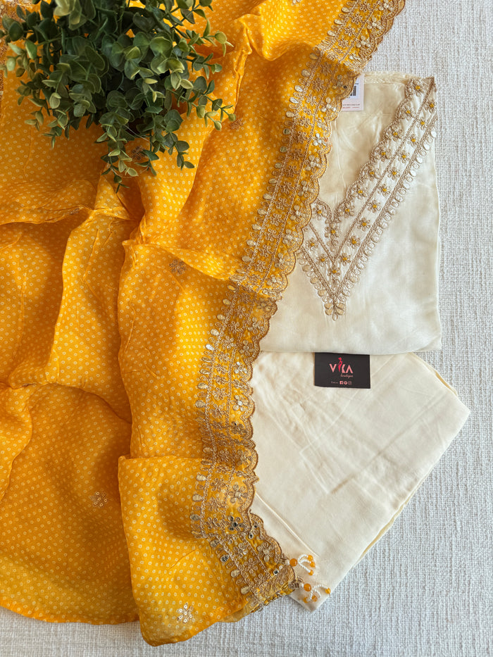 Off white/Yellow Dola silk salwar material