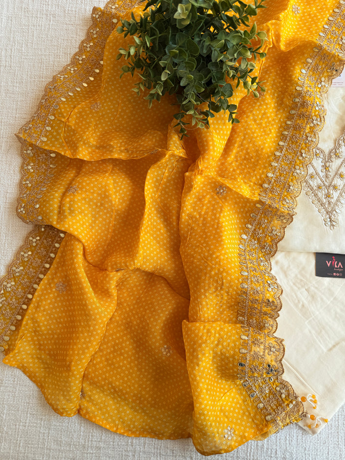 Off white/Yellow Dola silk salwar material