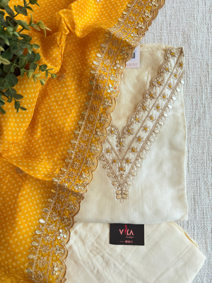 Off white/Yellow Dola silk salwar material