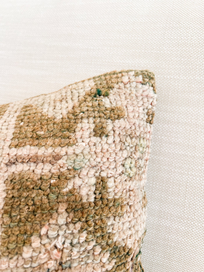 Handmade traditional Turkish oushak pillow cover made with vintage rugs 12x20 olive and beige