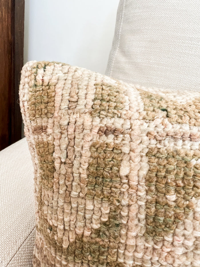 Handmade traditional Turkish oushak pillow cover made with vintage rugs 12x20 olive and beige