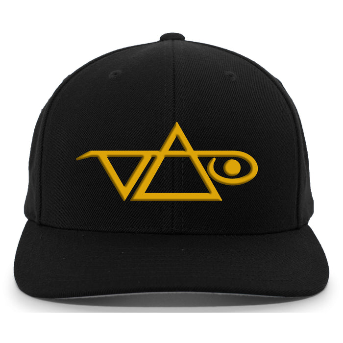 This Steve Vai Onyx Gold snapback hat is a black baseball cap featuring a bold gold geometric logo with a triangle, circle, and stylized lines on the front panel.