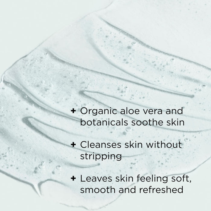 Clear gel texture with visible bubbles over a white background, highlighting key benefits of ORMEDIC® balancing facial cleanser | IMAGE Skincare including soothing with organic aloe vera and botanicals, gentle cleansing, and soft, refreshed skin results.