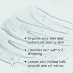 Clear gel texture with visible bubbles over a white background, highlighting key benefits of ORMEDIC® balancing facial cleanser | IMAGE Skincare including soothing with organic aloe vera and botanicals, gentle cleansing, and soft, refreshed skin results.