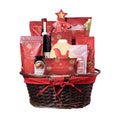 Oval Wicker Gift Basket with Red Wine and Assorted Gourmet Treats – gift basket with bottle of wine, oval wicker basket with double handles and red