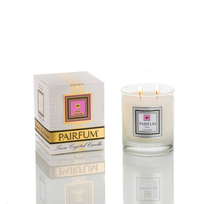 Pairfum London The Snow Crystal Candle Eau de Parfum in Pink Lavender, 200g, with a sleek glass container and elegant design.
