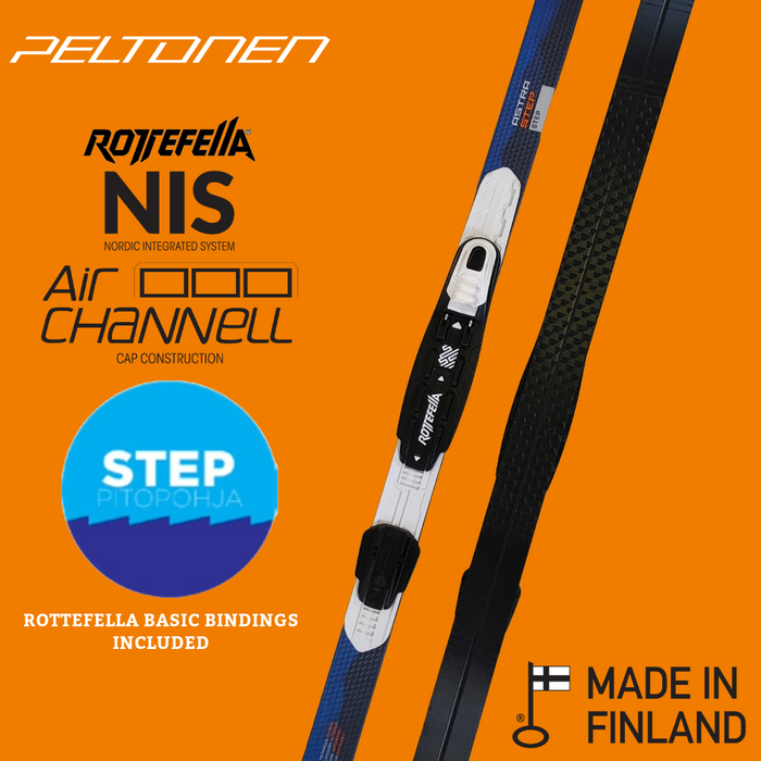 A product picture of the Peltonen ASTRA STEP Classic Skis + BASIC NNN Bindings & Holders