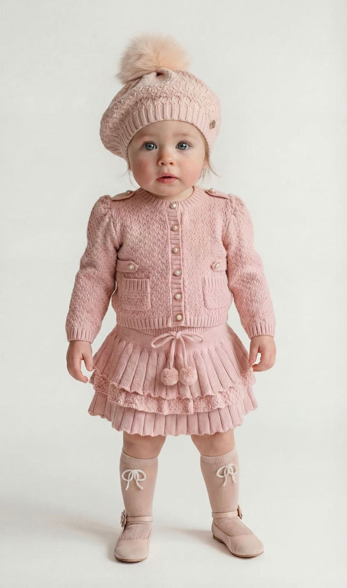 Girls pink knit beret styled with Julie top and skirt set