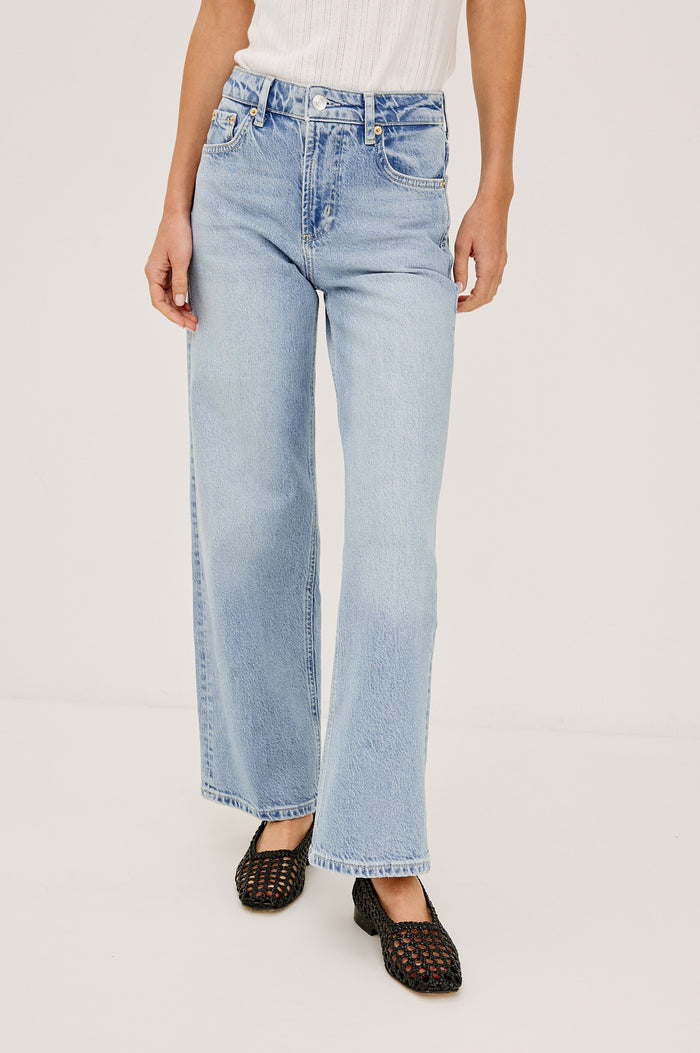 Getty Petite Wide Leg Denim Pants with Belt Loops, Two Front Pockets and Two Back Patch Pockets in Jasper Colorway - Front View Featured on Model