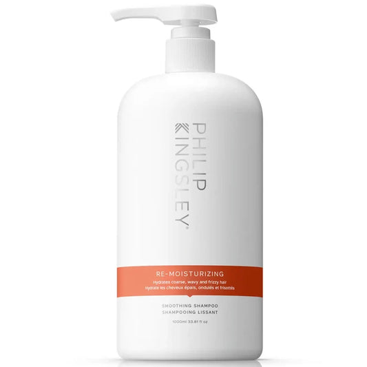 Philip Kingsley Re-Moisturizing Shampoo 1000ml for curls, coils, and waves, showing the bottle and hair care branding.