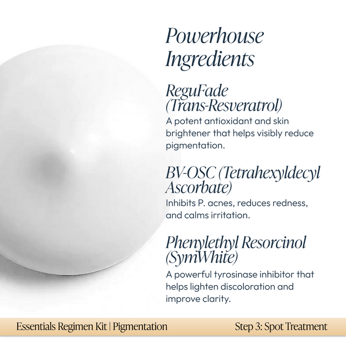 Close-up of a skincare product sample displaying the Pigmentation Essentials Regimen Kit | Circadia ingredient benefits, highlighting antioxidants and spot treatment properties.