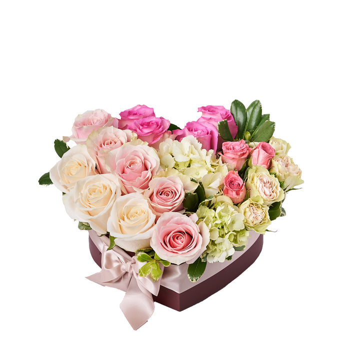 Pink and White Roses with Hydrangea in Heart-Shaped Box Arrangement – gift basket with this floral arrangement features a selection of roses