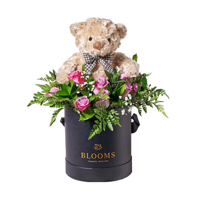 Pink Rose Bouquet with Plush Teddy Bear Graduation Gift – gift basket with brown teddy bear 10 inches and pink roses