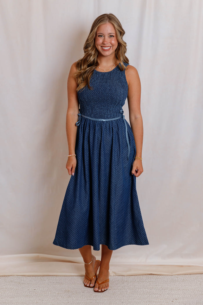 Denim Polka Dot Midi Dress- Women's Smocked Blue Midi Dress- Sleeveless Denim Dress With Ribbon Ties