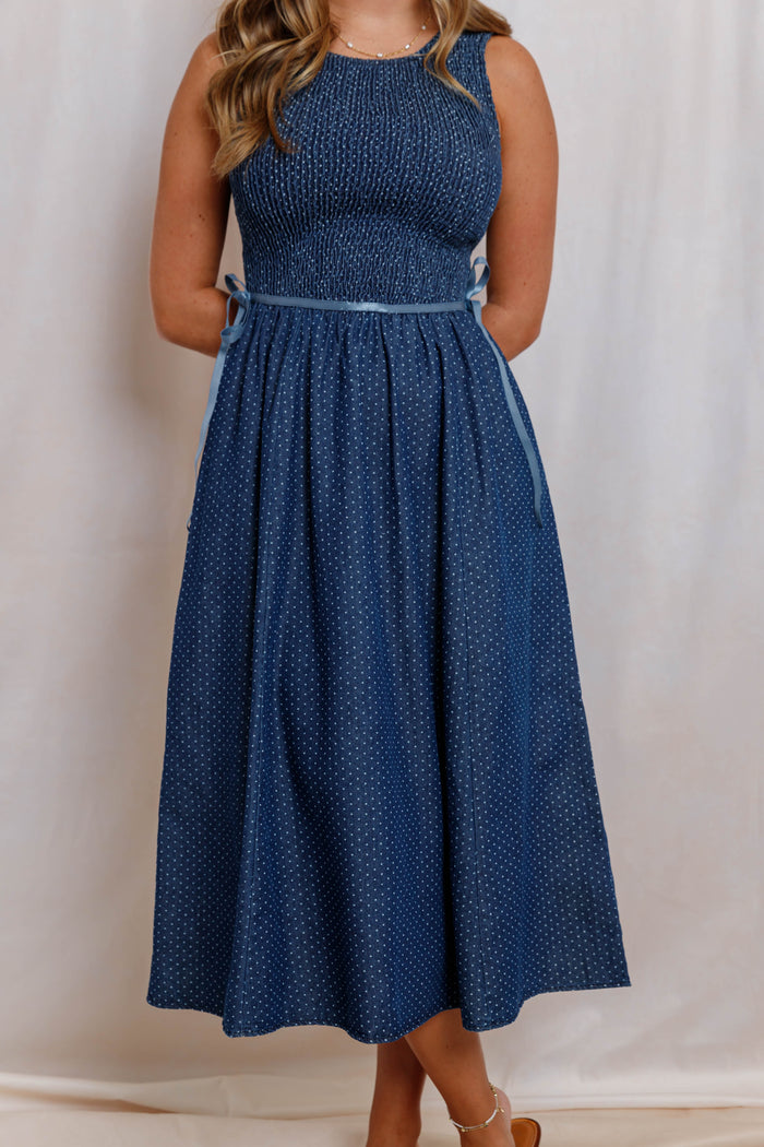 Denim Polka Dot Midi Dress- Women's Smocked Blue Midi Dress- Sleeveless Denim Dress With Ribbon Ties