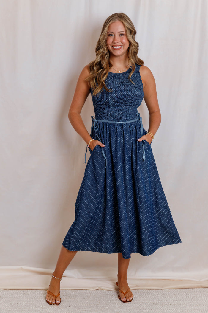 Denim Polka Dot Midi Dress- Women's Smocked Blue Midi Dress- Sleeveless Denim Dress With Ribbon Ties