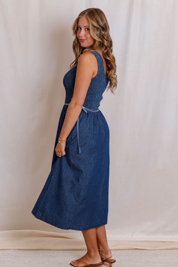 Denim Polka Dot Midi Dress- Women's Smocked Blue Midi Dress- Sleeveless Denim Dress With Ribbon Ties