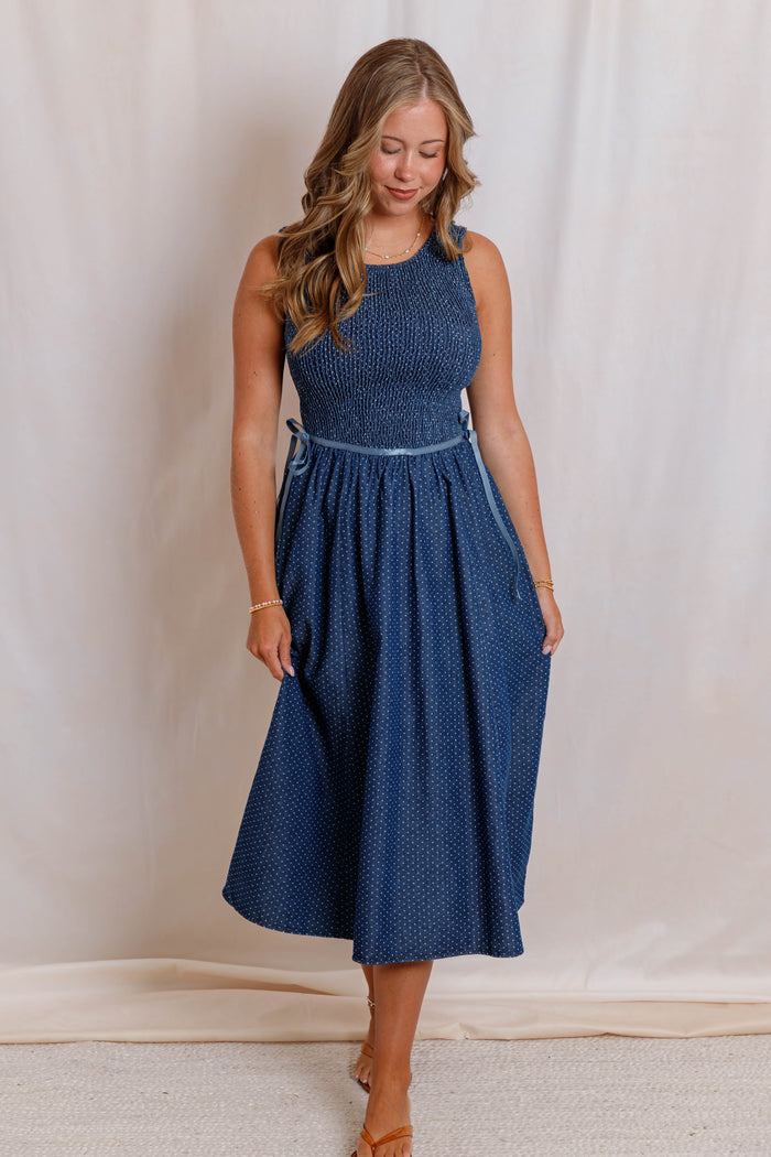 Denim Polka Dot Midi Dress- Women's Smocked Blue Midi Dress- Sleeveless Denim Dress With Ribbon Ties