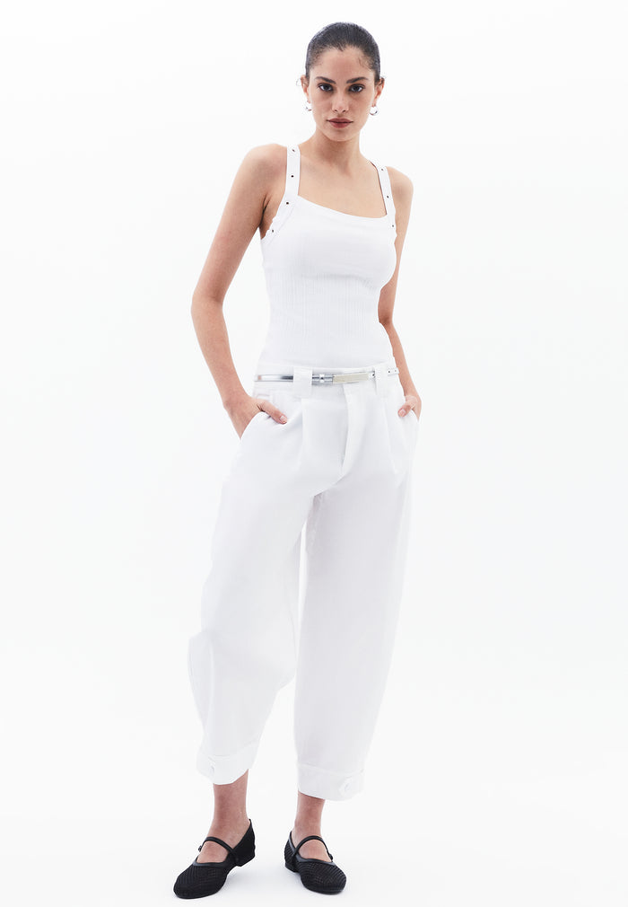 Pleated High Waist Barrel Leg Pants - WHITE