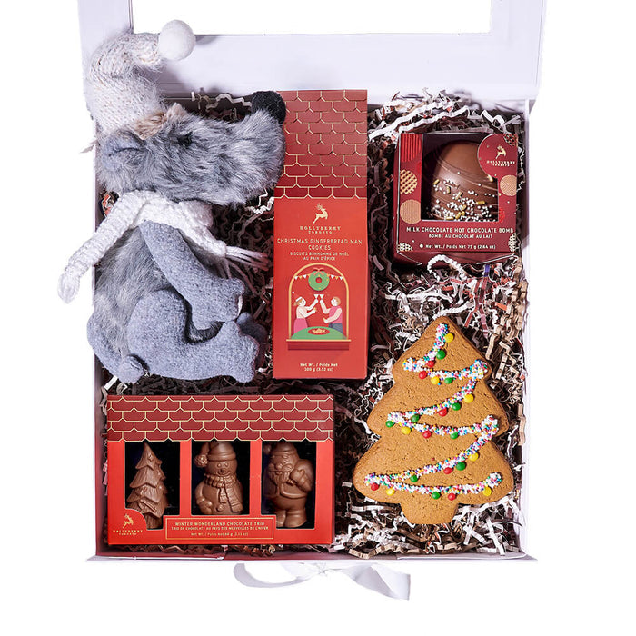 Plush Holiday Mouse with Gourmet Gingerbread Cookie Gift Basket – gift basket with mini holiday mouse, hollyberry milk chocolate hot chocolate bomb