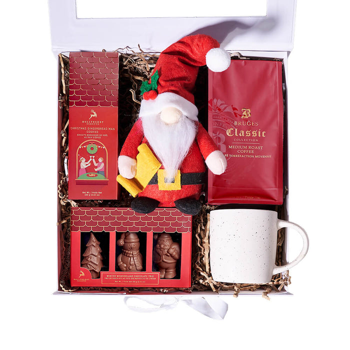 Plush Mr. Santa Claus Gift Box with Bruges Coffee and Hollyberry Treats – gift basket with hollyberry gingerbread man cookies, bruges medium roast