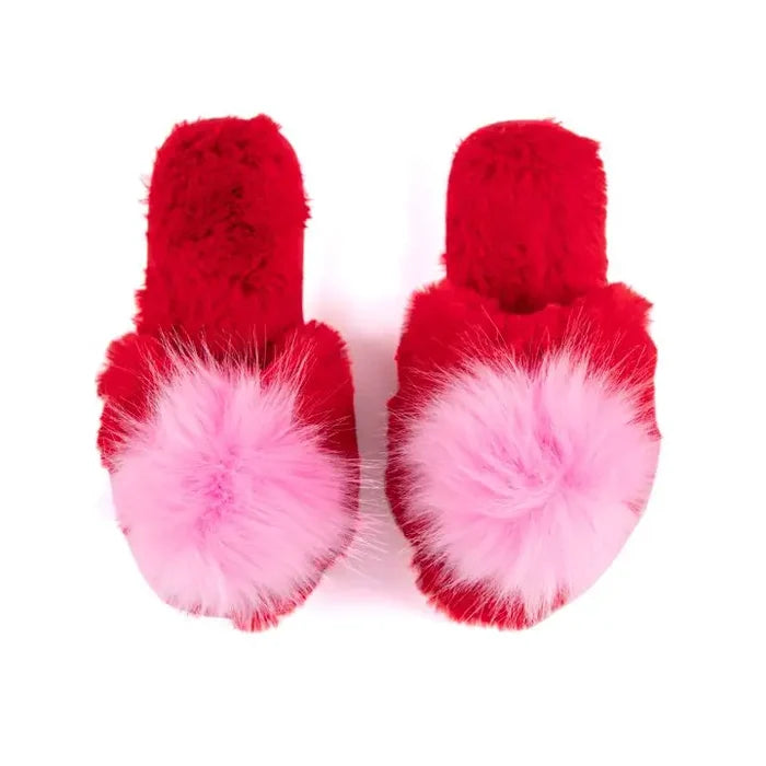 Plush Slippers - Red + Pink Pom Pom