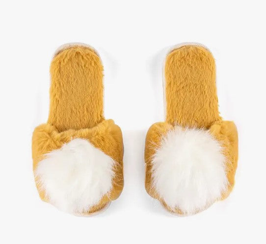 Plush Slippers - Yellow + White Pom Pom
