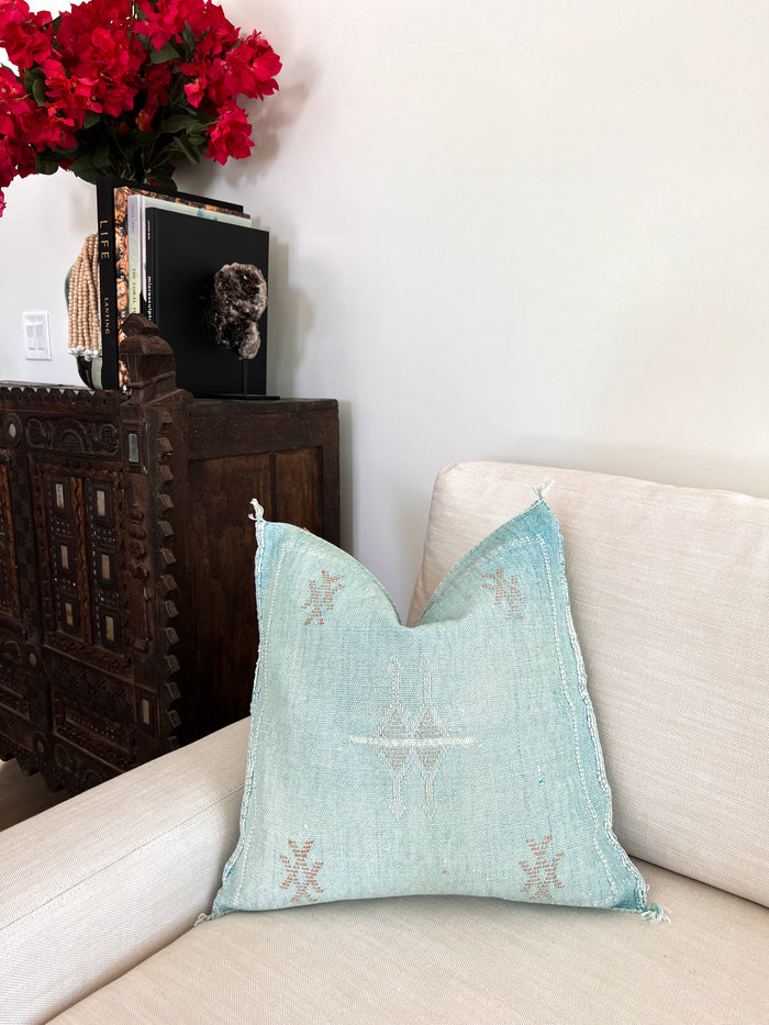Artisanal Handmade Moroccan embroidered cactus silk sabra pillow handwoven blue turquoise aqua