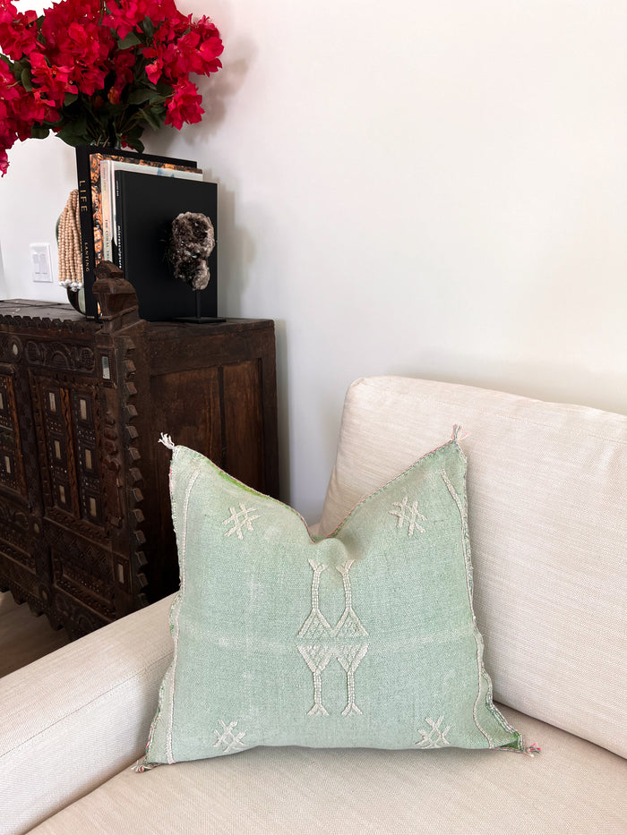 Artisanal Handmade Moroccan embroidered cactus silk sabra pillow handwoven blue turquoise aqua