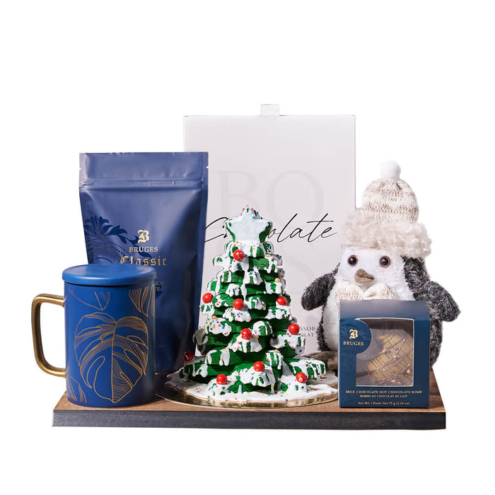 Premium Seasonal Gift Basket with Hot Chocolate Bomb, Truffles, and Penguin – gift basket with blue - royal mug, christmas cookie tree tower