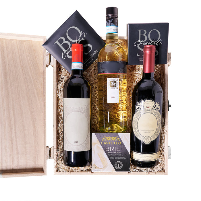 Premium Three-Bottle Wine Gift Basket with Castello Brie and Boss Chocolates – gift basket with three bottles of wine, castello brie and boss