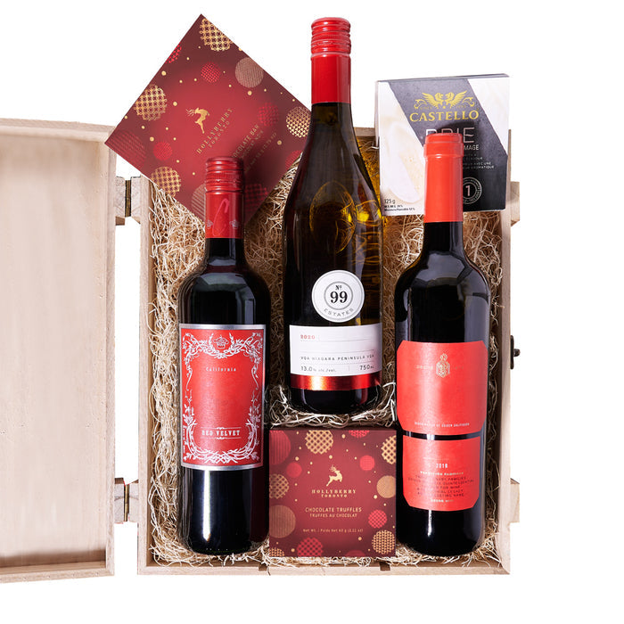 Premium Three-Bottle Wine Gift Box with Brie and Holiday Truffles – gift basket with three bottles of wine, castello brie and hollyberry assorted