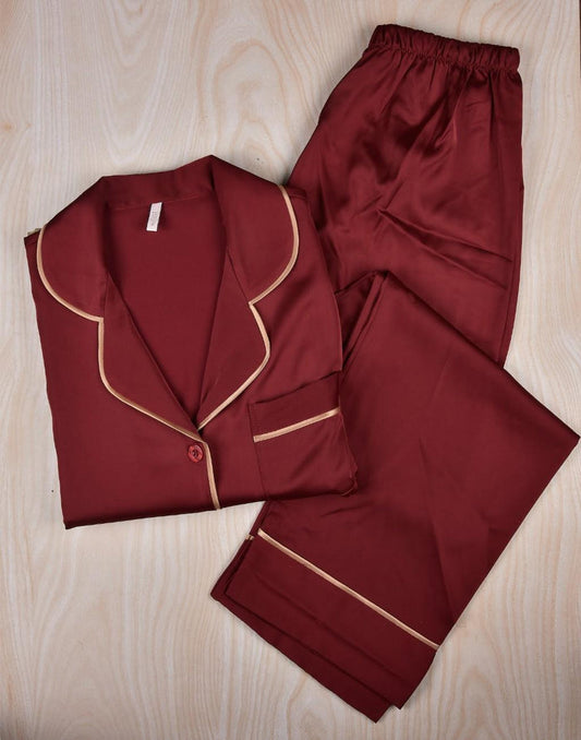 Wine red satin pajama set: button shirt and matching drawstring pants