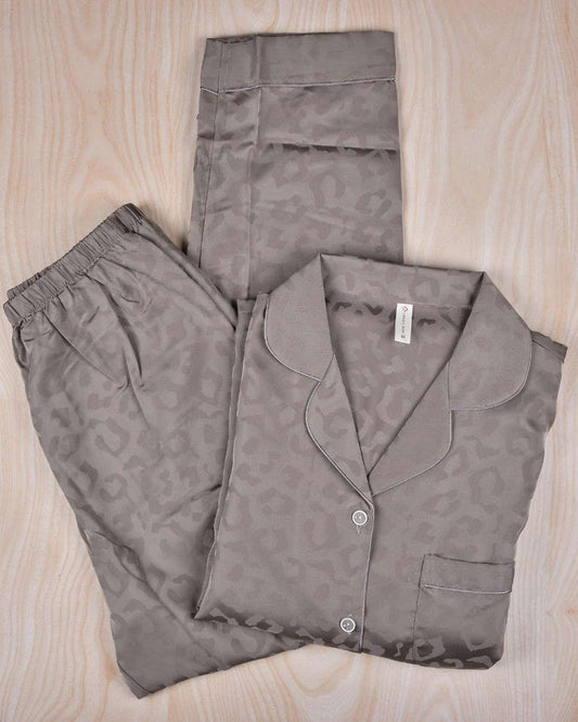 Grey leopard-print pajama set with button-up shirt and elastic-waist trousers