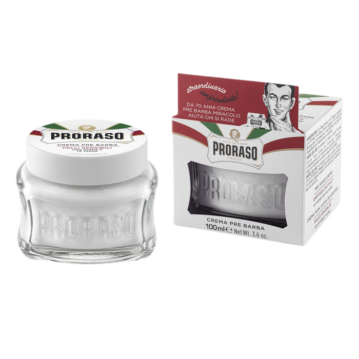 Proraso pre-shave krem med grønn te og havre i glassbeholder for sensitiv hud